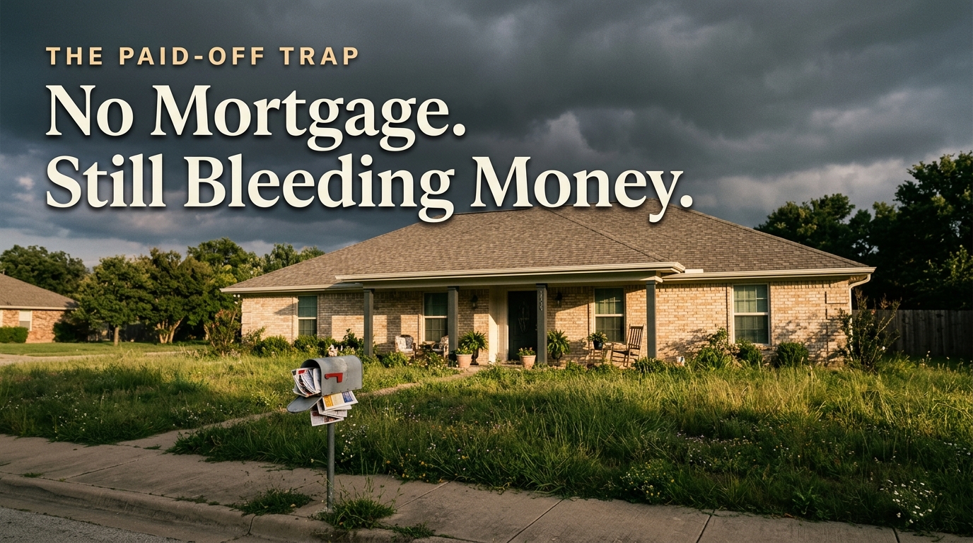 A paid-off Texas house with an overgrown lawn and full mailbox under a storm sky, headlined No Mortgage. Still Bleeding Money.