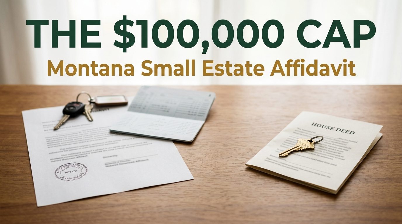 A notarized affidavit with car keys and a bank passbook on one side and a house key on a folded deed set apart on the other, headlined The $100,000 Cap, Montana Small Estate Affidavit.