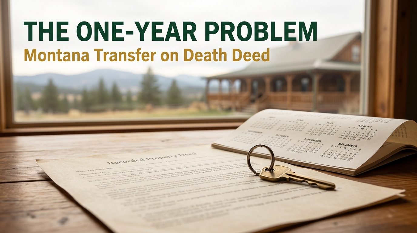 A recorded property deed, a brass house key, and a twelve-month calendar on a kitchen table, headlined The One-Year Problem, Montana Transfer on Death Deed.
