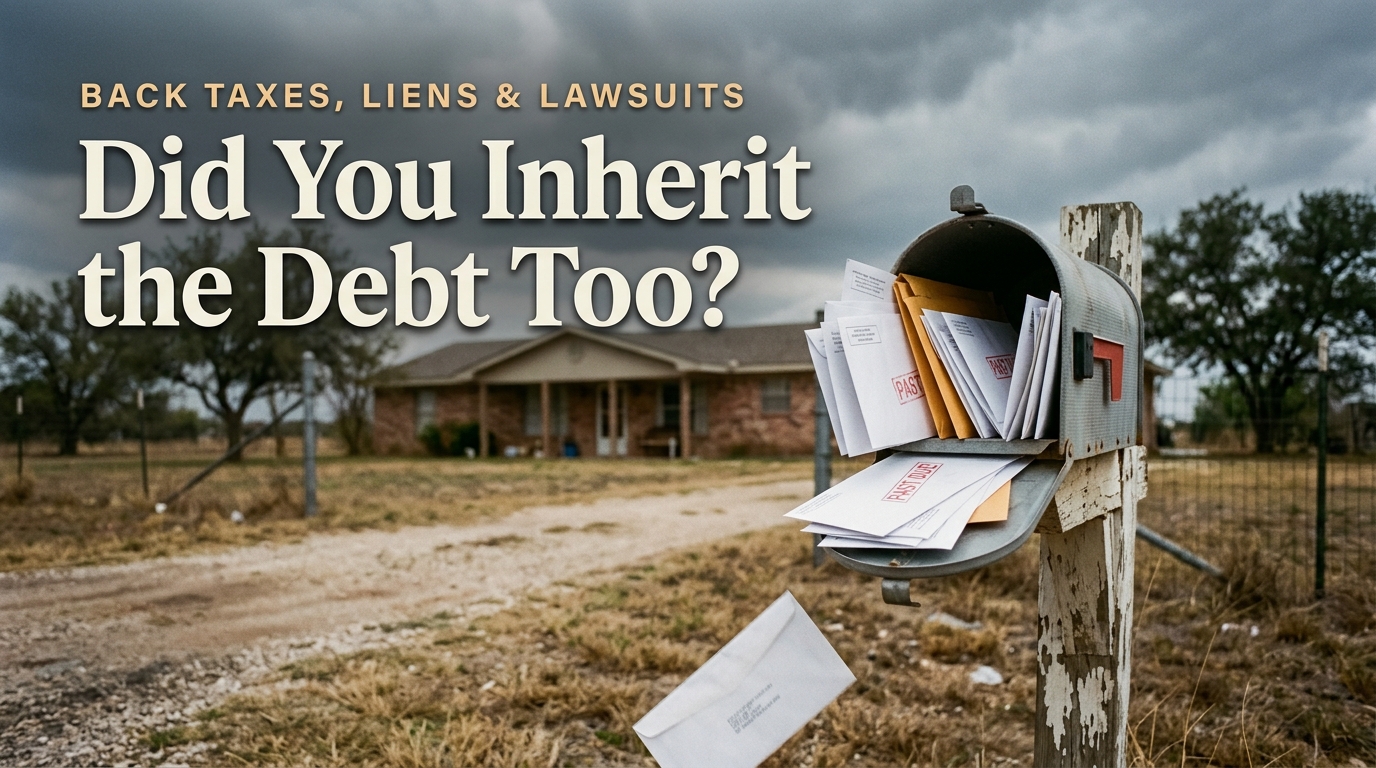 A mailbox overflowing with past-due county notices under a storm sky, asking Did You Inherit the Debt Too?