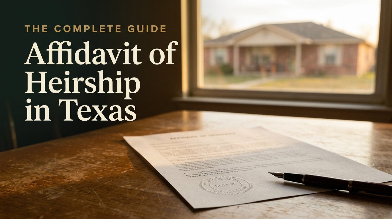 Affidavit of heirship document on a table with a Texas home seen through a window