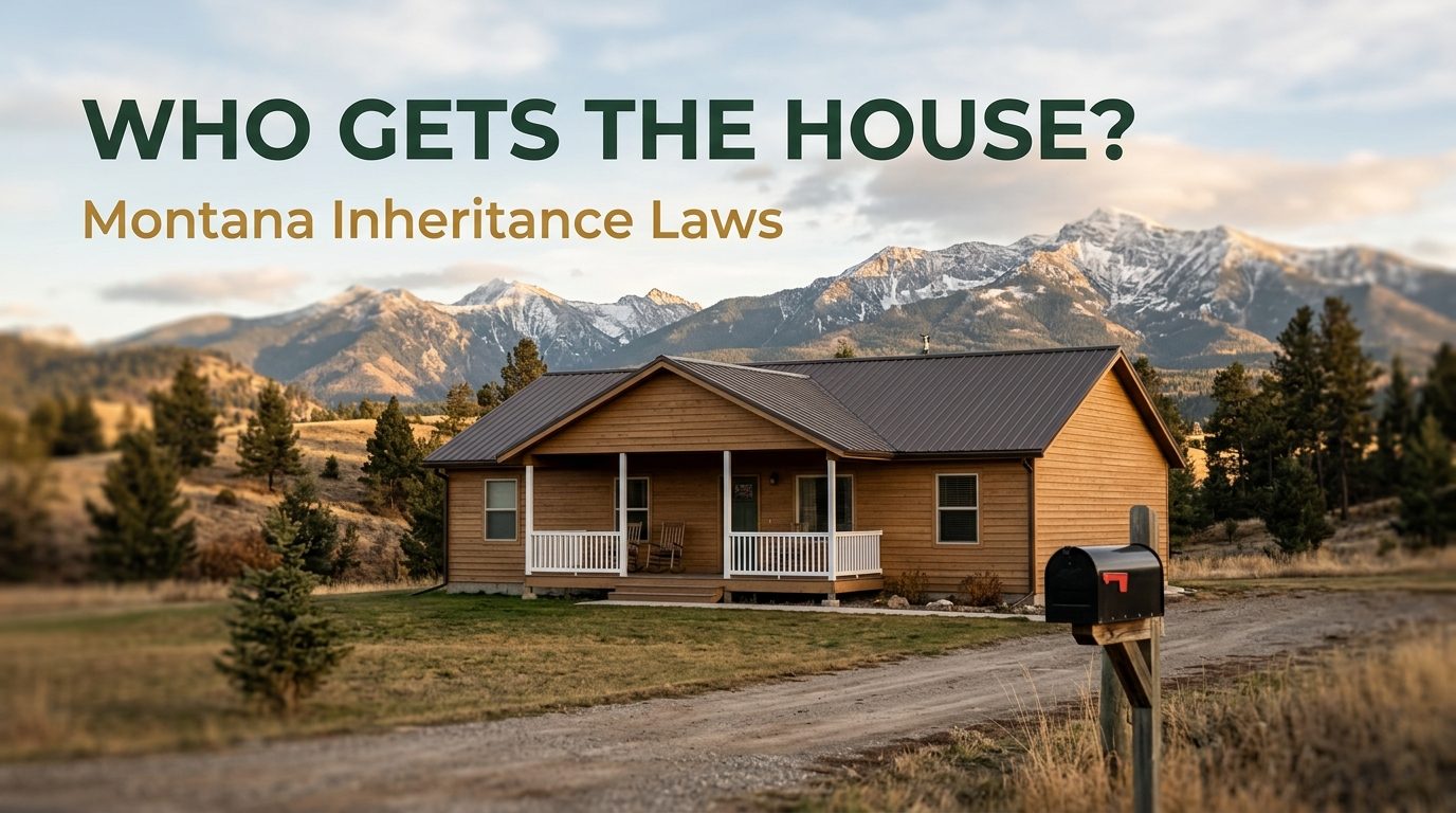 A modest Montana ranch house with a rural mailbox and snow-dusted mountains behind it, headlined Who Gets the House? Montana Inheritance Laws.
