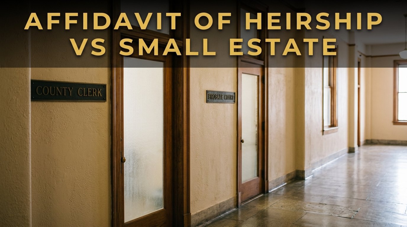 Two Texas courthouse doors, one marked County Clerk and one marked Probate Court, comparing an affidavit of heirship and a small estate affidavit.