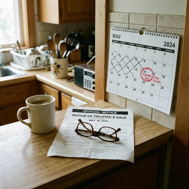 Notice of Trustee's Sale with the sale date circled on a kitchen calendar