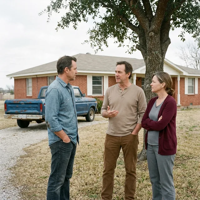 Family members discussing an inherited Texas property in front of the home