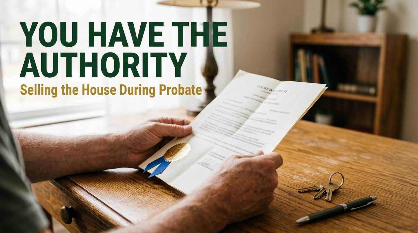 Hands holding a sealed court document beside house keys, headlined You Have the Authority, Selling the House During Probate.