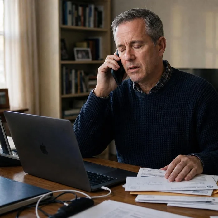 A man at his desk on hold with the county office, paperwork spread out beside his laptop
