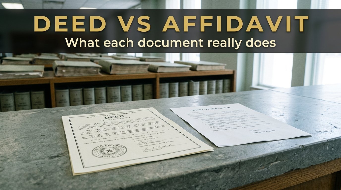 A recorded property deed and an affidavit of heirship side by side in a county records room.