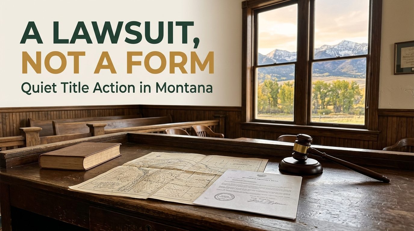 A judge's bench in a small Montana courtroom with a recorded deed, a survey map and a gavel, mountains through the window, headlined A Lawsuit, Not a Form, Quiet Title Action in Montana.