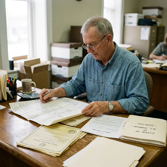 Title researcher examining an Affidavit of Heirship and Texas property deed