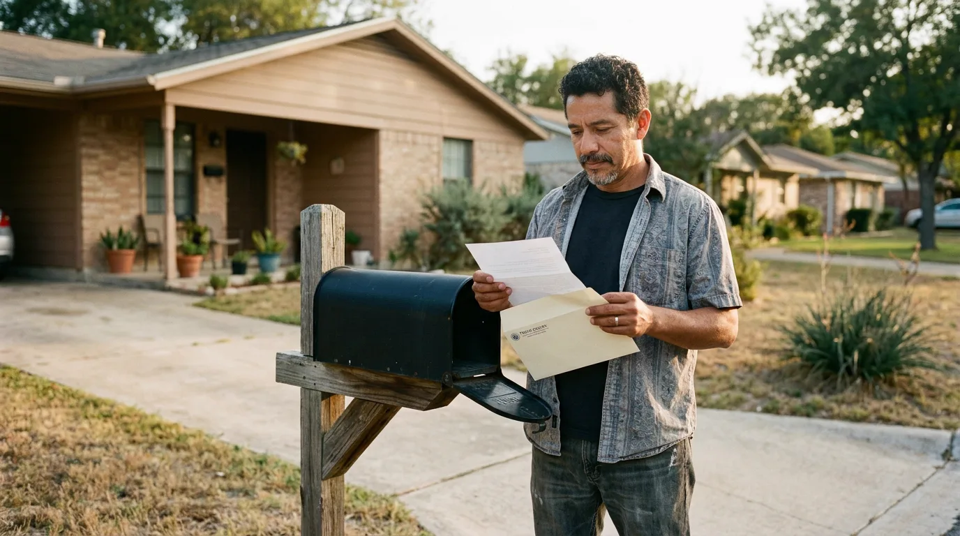 A homeowner at his mailbox reading a letter from the county about his property