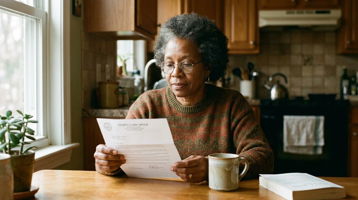 A woman at her kitchen table calmly reading a letter about a property in her family's name
