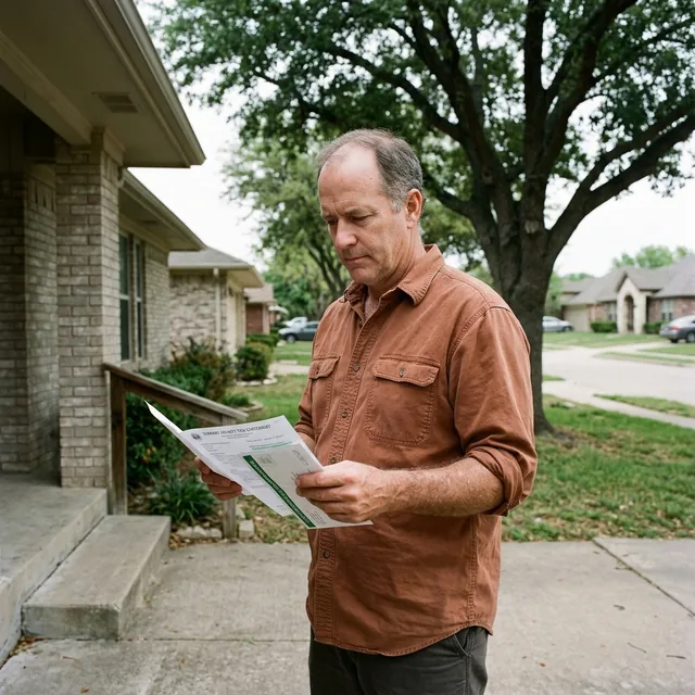 Texas homeowner reading a county tax-suit notice outside their house