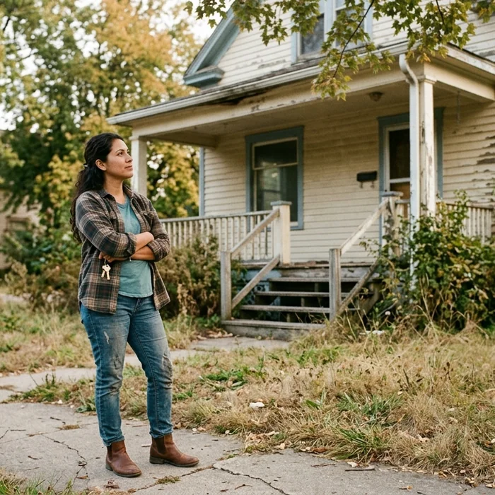 A woman on the sidewalk calmly sizing up an inherited house with peeling paint and an overgrown yard