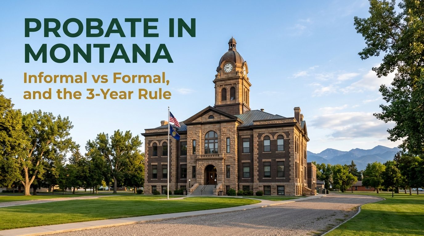 A stone Montana county courthouse with a clock tower in late-afternoon light, headlined Probate in Montana, Informal vs Formal, and the 3-Year Rule.