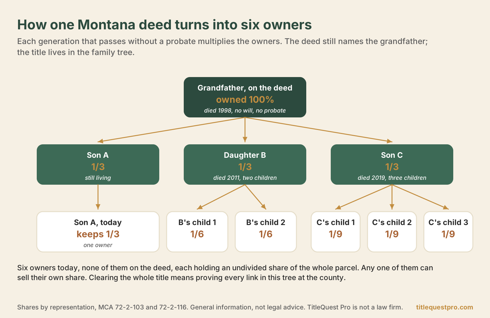 Family tree showing how one Montana deed becomes six owners: a grandfather who died in 1998 without a will or probate, three children with one-third each, and today one living son with one-third, two grandchildren with one-sixth each, and three grandchildren with one-ninth each.
