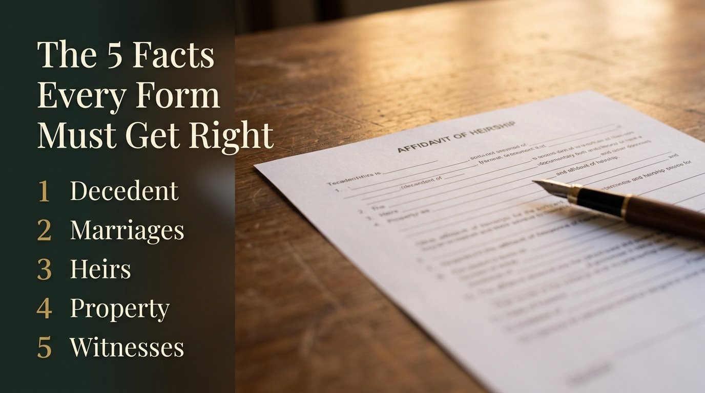 The five facts a Texas affidavit of heirship form must get right: decedent, marriages, heirs, property, witnesses