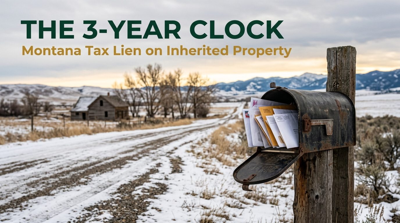 A rural Montana mailbox stuffed with county envelopes on a snowy road with an empty ranch house behind, headlined The 3-Year Clock, Montana Tax Lien on Inherited Property.